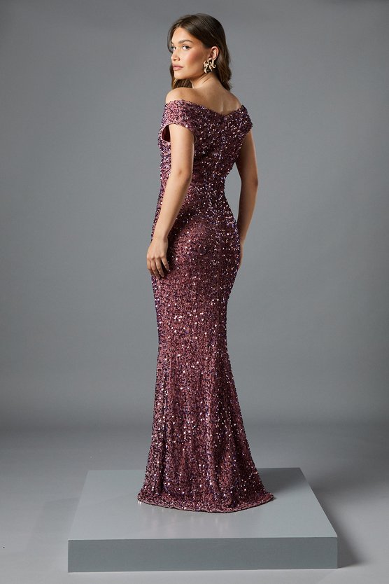 Karen Millen Bardot Velvet Sequin Maxi Dress Blush