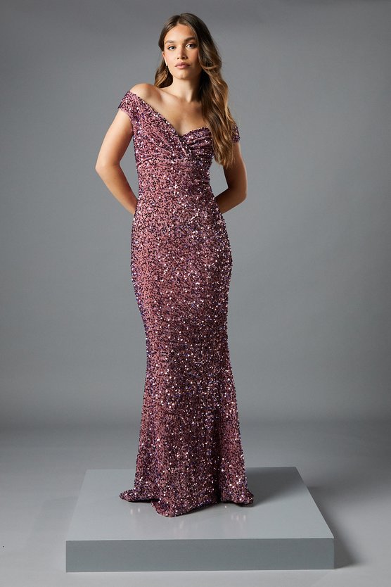 karen millen Bardot Velvet Sequin Maxi Dress blush