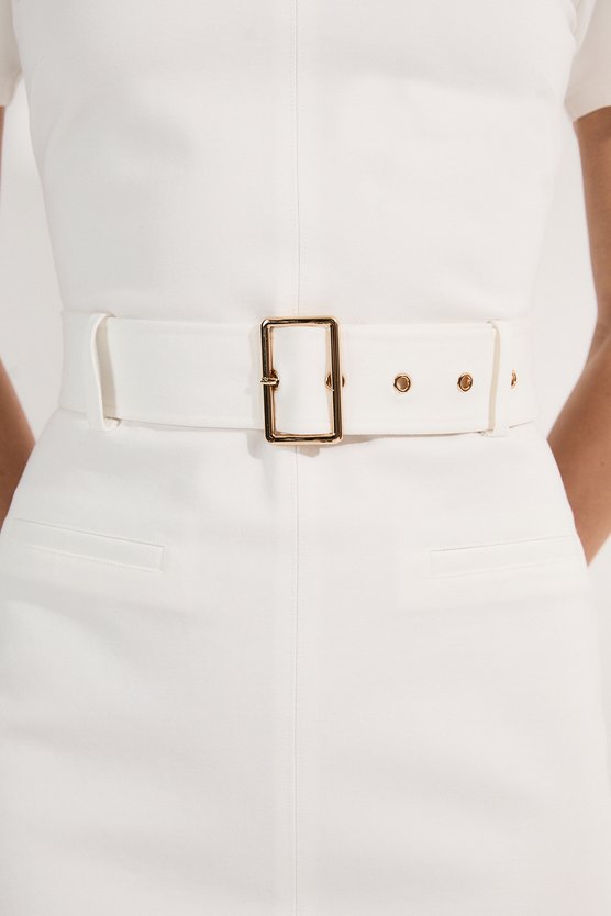 Karen Millen Belted Ponte Midi Dress Ivory