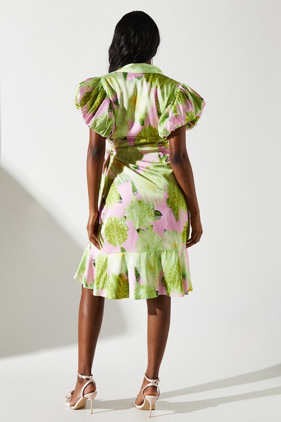 Karen Millen Blurred Floral Satin Wrap Dress Multi