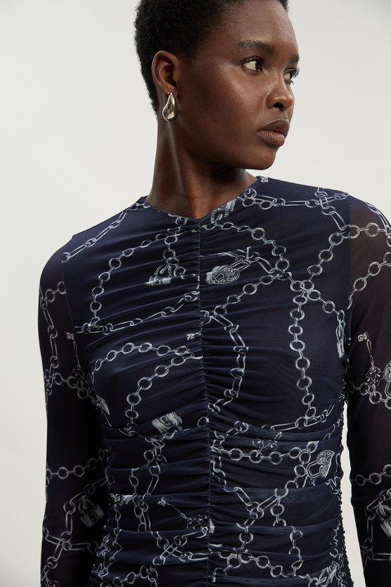 Karen Millen Chain Print Mesh Maxi Dress Blue