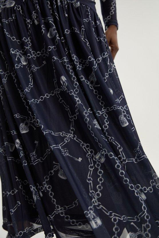 Karen Millen Chain Print Mesh Maxi Dress Blue