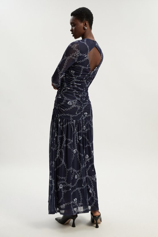 Karen Millen Chain Print Mesh Maxi Dress Blue