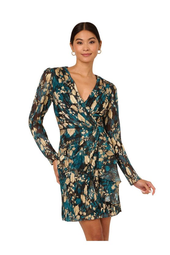 Karen Millen Crinkle Foil Wrap Dress Blue