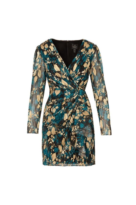 Karen Millen Crinkle Foil Wrap Dress Blue