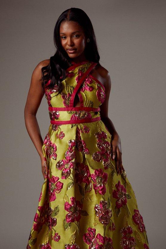 Karen Millen Cross Neck Jacquard Dress Chartreuse