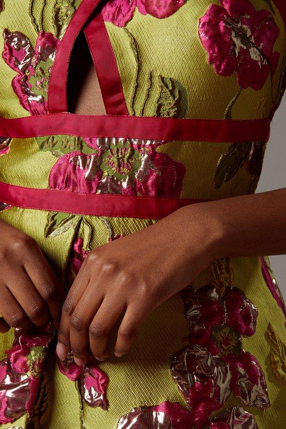 Karen Millen Cross Neck Jacquard Dress Chartreuse