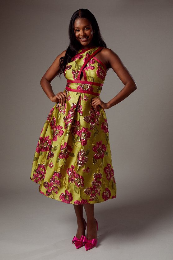 karen millen Cross Neck Jacquard Dress chartreuse