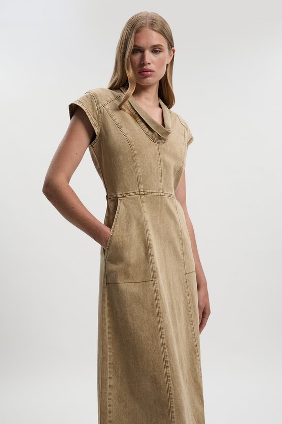 Karen Millen Denim Cowl Neck Midi Dress Stone