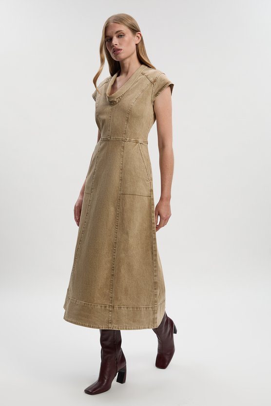 karen millen Denim Cowl Neck Midi Dress stone karen millen Denim Cowl Neck Midi Dress stone