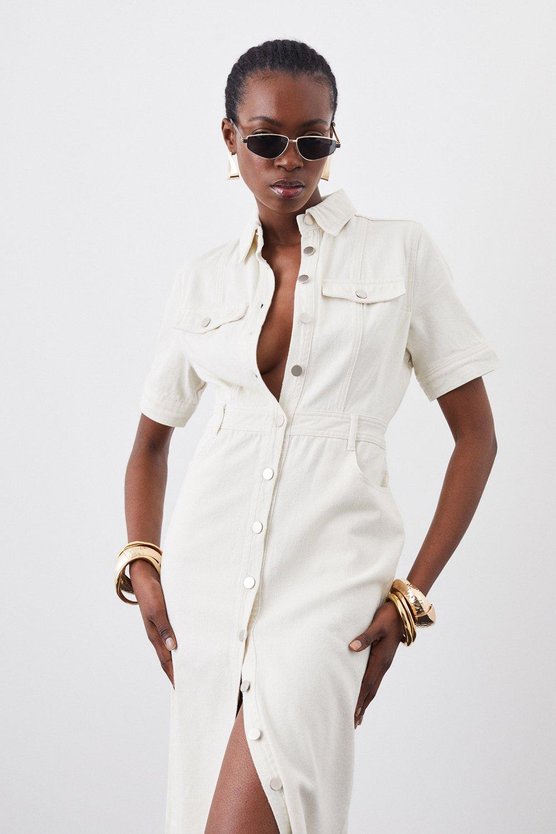 Karen Millen Denim Maxi Shirt Dress Cream