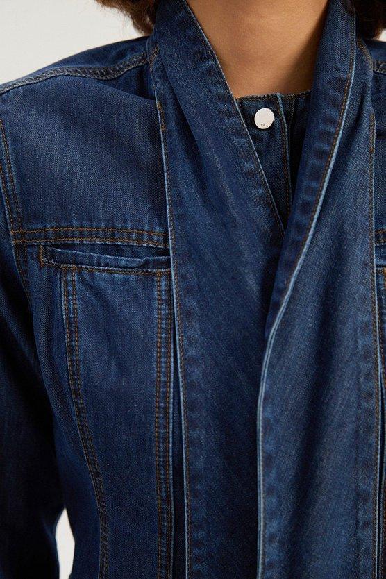 Karen Millen Denim Pussy Bow Shirt Dress Mid Blue