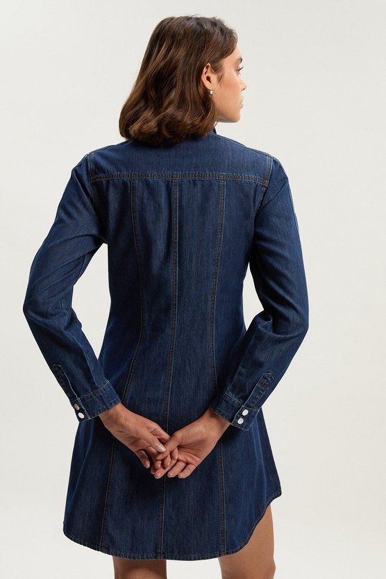 Karen Millen Denim Pussy Bow Shirt Dress Mid Blue