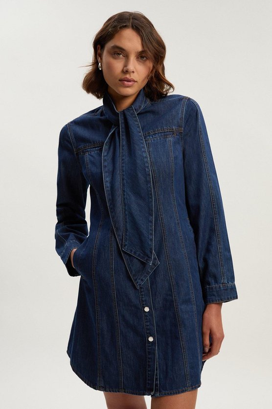 karen millen Denim Pussy Bow Shirt Dress mid blue