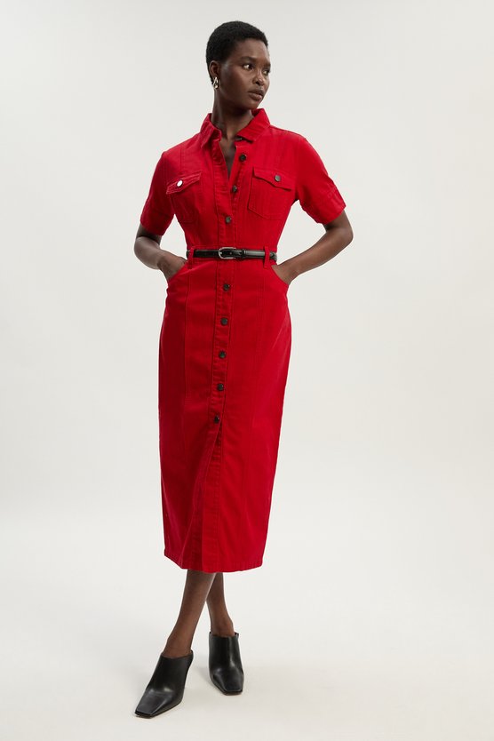 Karen Millen Denim Short Sleeve Shirt Dress Red