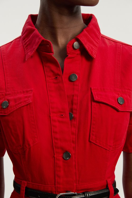 Karen Millen Denim Short Sleeve Shirt Dress Red