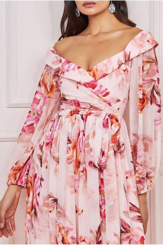 Karen Millen Drop Shoulder Wrap Maxi Dress Peach