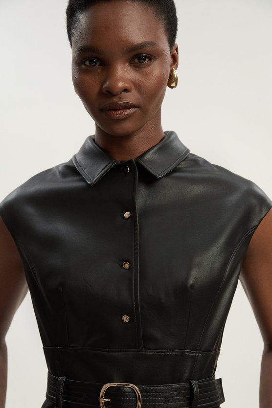 Karen Millen Faux Leather Belted Midi Dress Black