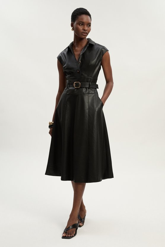 karen millen Faux Leather Belted Midi Dress black