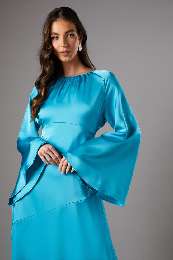 Karen Millen Flare Sleeve Satin Shift Dress Blue