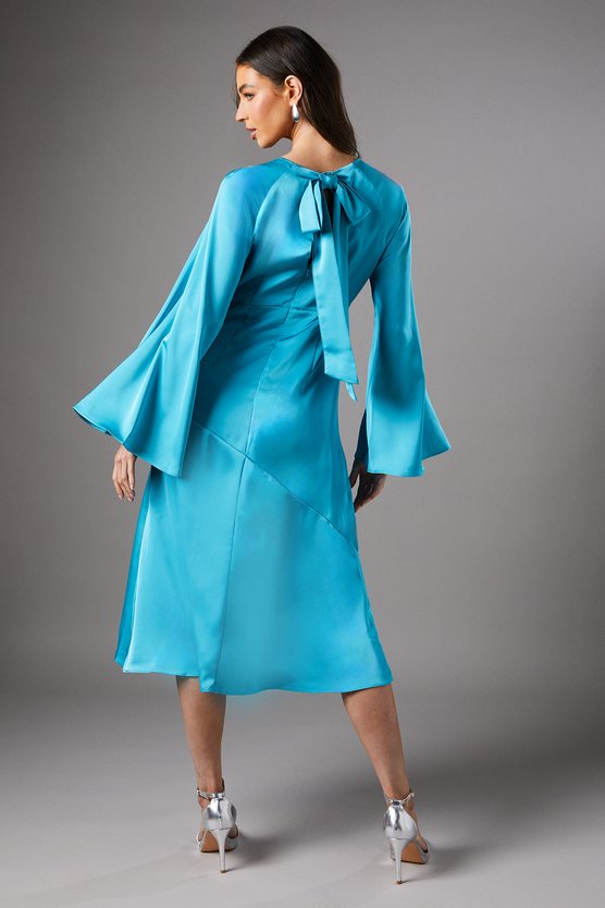 Karen Millen Flare Sleeve Satin Shift Dress Blue