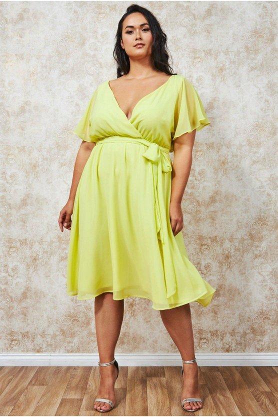 Karen Millen Flutter Sleeve Wrap Midi Dress Lemon