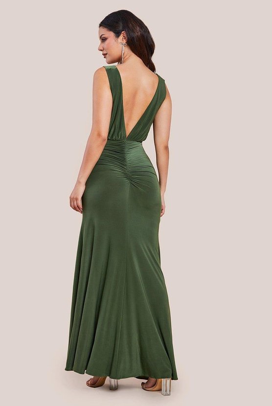 Karen Millen Front Wrap Gathered Maxi Dress Olive
