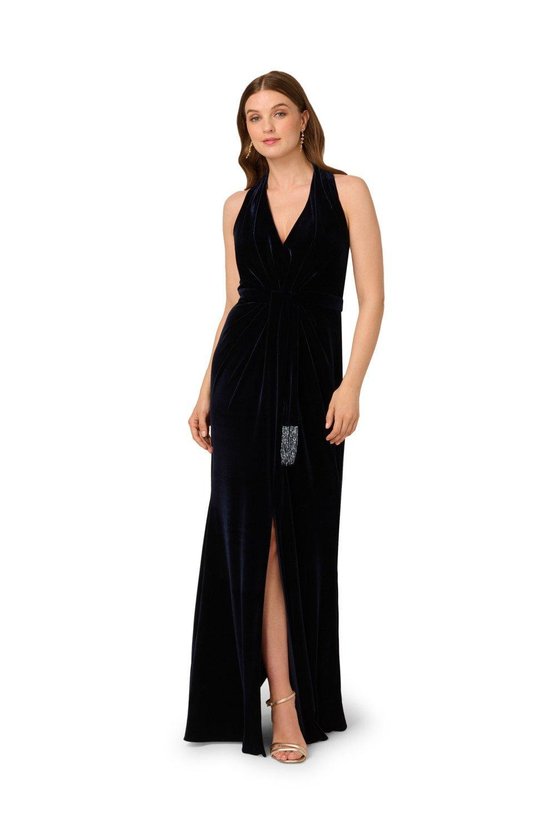 Karen Millen Halter Draped Velvet Gown Navy