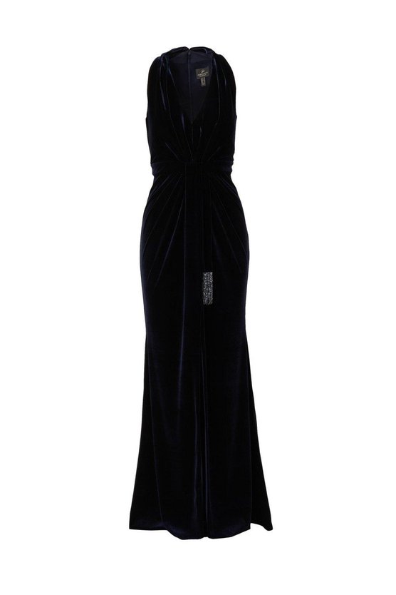 Karen Millen Halter Draped Velvet Gown Navy