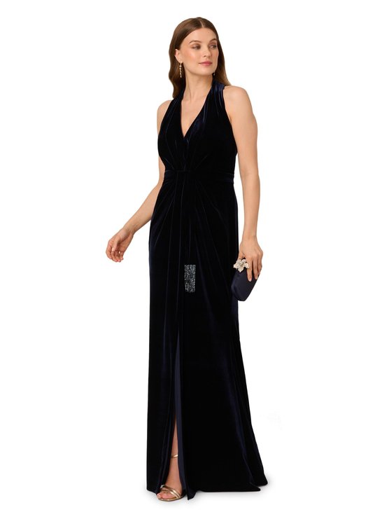 karen millen Halter Draped Velvet Gown Navy