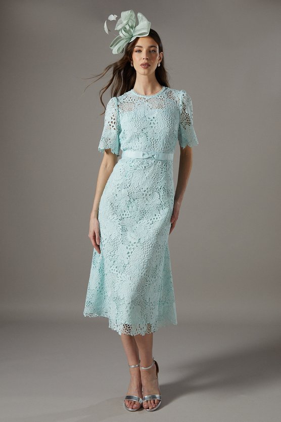 karen millen Lace Midi Dress With Bow Belt sage
