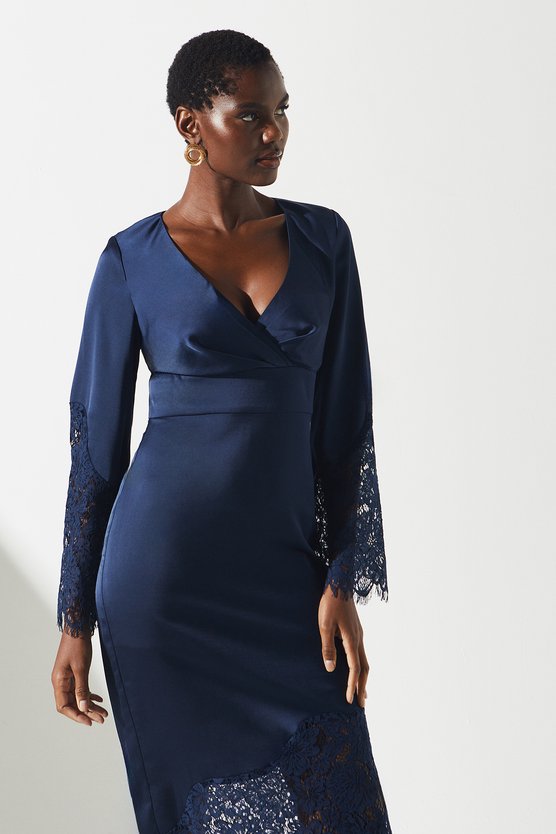 Karen Millen Lace Panelled Satin Wrap Dress Navy