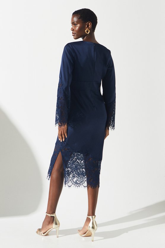 Karen Millen Lace Panelled Satin Wrap Dress Navy