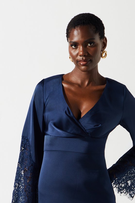 Karen Millen Lace Panelled Satin Wrap Dress Navy