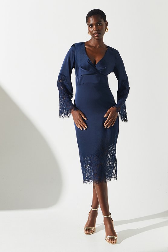 karen millen Lace Panelled Satin Wrap Dress navy