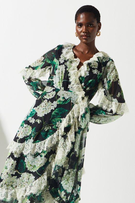 Karen Millen Lace Trim Chiffon Wrap Dress Multi