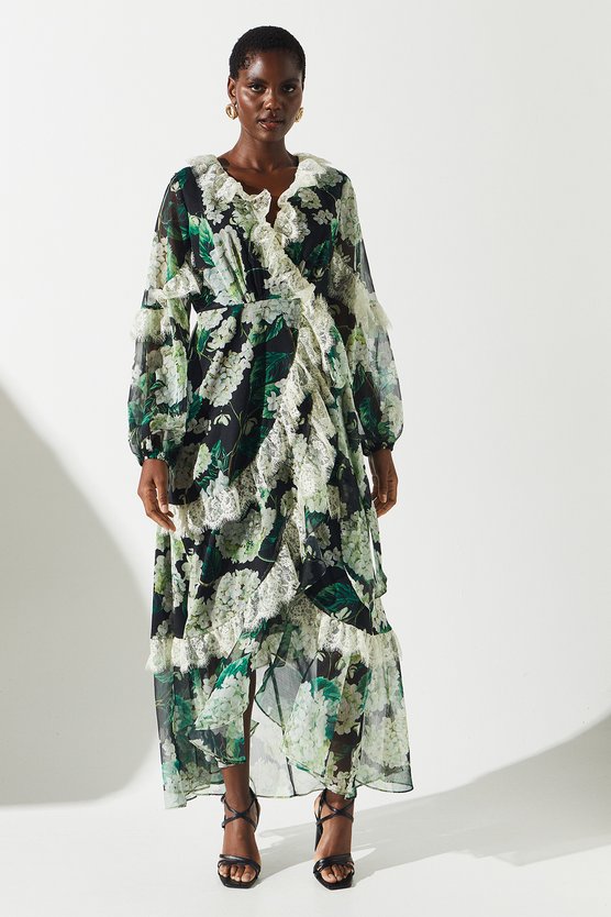karen millen Lace Trim Chiffon Wrap Dress multi