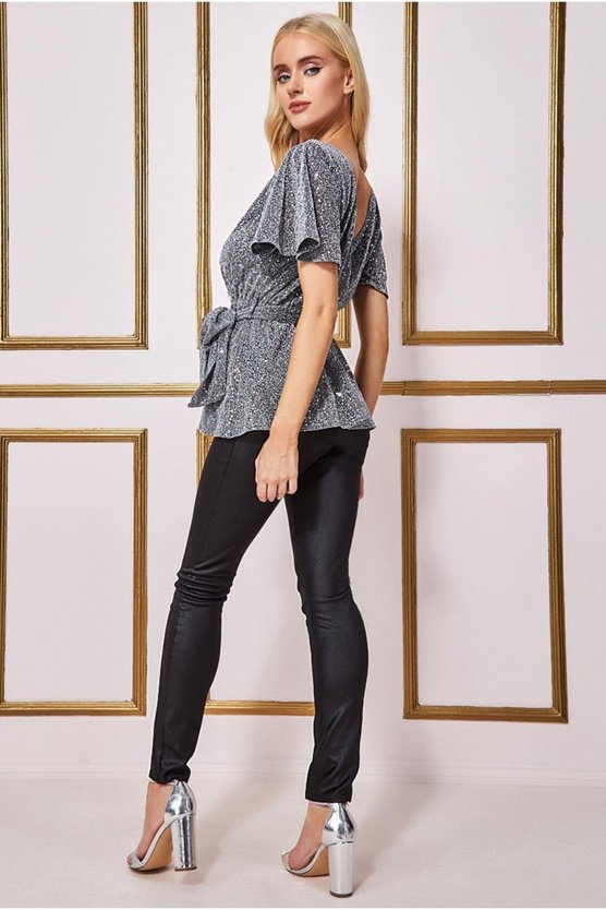 Karen Millen Lurex Flutter Sleeve Wrap Top Silver