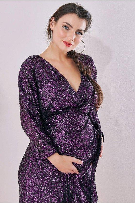 Karen Millen Maternity Wrap Sequin Midi Purple