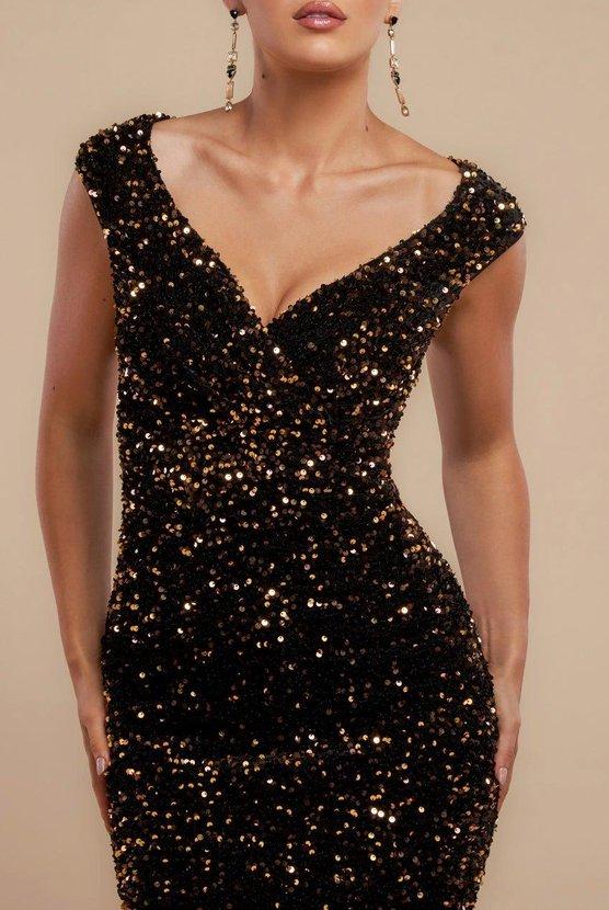 Karen Millen Multi Sequin & Velvet Bardot Maxi Gold