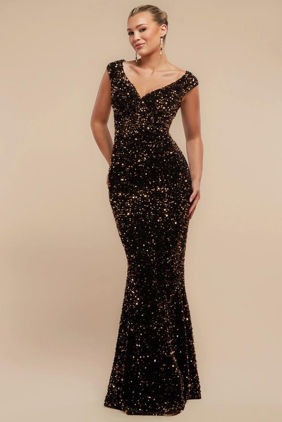 karen millen Multi Sequin & Velvet Bardot Maxi Gold
