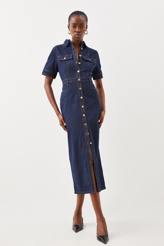 karen millen Petite Denim Maxi Shirt Dress indigo
