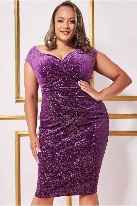 karen millen Plus Sequin & Velvet Bardot Midi Purple