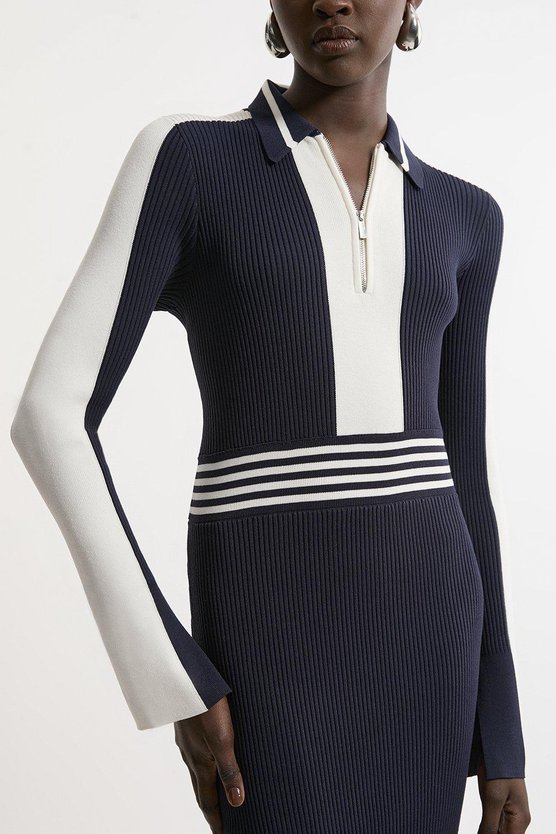 Karen Millen Rib Knit Polo Zip Up Midi Dress Navy