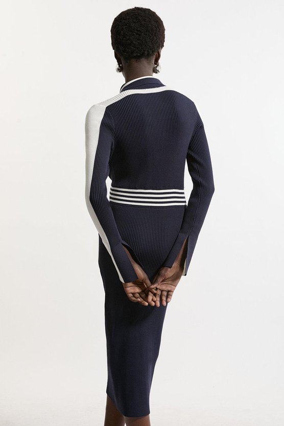 Karen Millen Rib Knit Polo Zip Up Midi Dress Navy