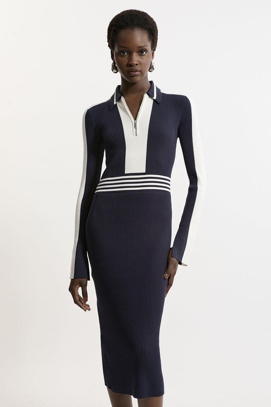 karen millen Rib Knit Polo Zip Up Midi Dress navy