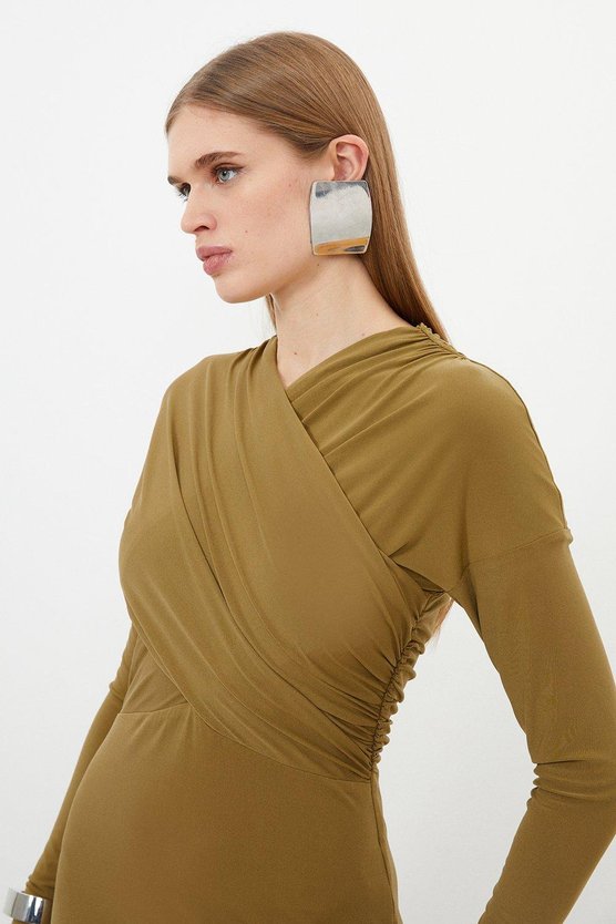 Karen Millen Ruched Jersey Crepe Midi Dress Khaki