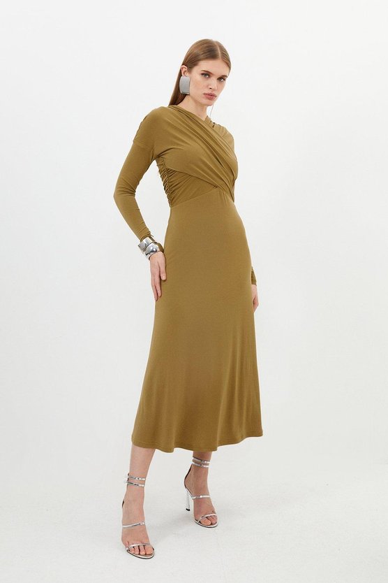 Karen Millen Ruched Jersey Crepe Midi Dress Khaki