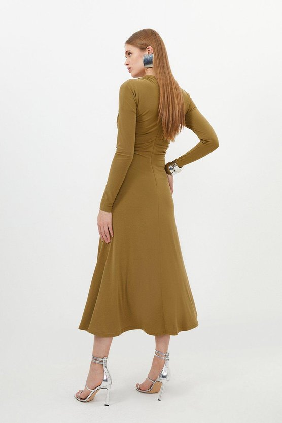 Karen Millen Ruched Jersey Crepe Midi Dress Khaki