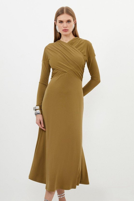 karen millen Ruched Jersey Crepe Midi Dress khaki